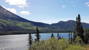Alaska ve Kanada sınırındaki dağlar, mavi sular ve yeşil ağaçların manzarası