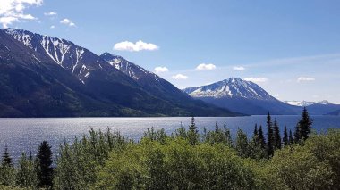 Alaska ve Kanada sınırındaki dağlar, mavi sular ve yeşil ağaçların manzarası