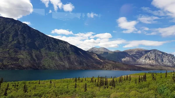 春のアラスカとカナダの国境にある山 青い海 緑の木の風景 — ストック写真