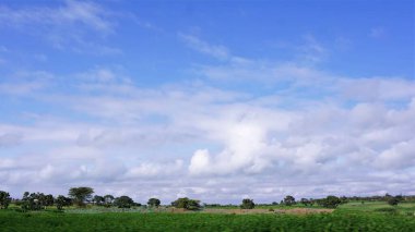 Kenya 'daki tarımsal alanların bulanık manzarası mavi gökyüzü ve beyaz bulutlar
