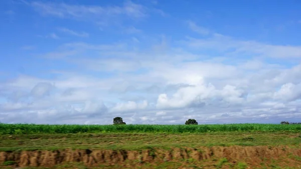 青い空と白い雲が広がるケニアの農地のぼやけた風景 — ストック写真