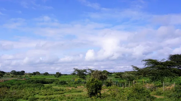 Paesaggio Sfocato Campi Agricoli Kenya Con Cielo Blu Nuvole Bianche — Foto Stock