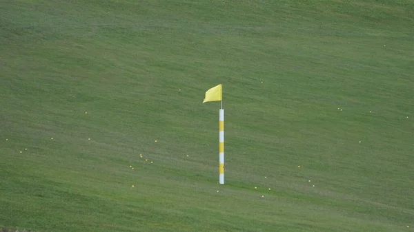 Bandiera Gialla Sull Erba Campo Golf Con Molte Palline Golf — Foto Stock