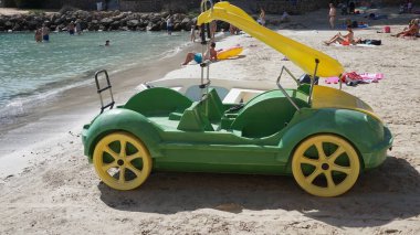 Cala Vias, Mallorca, Balearic Islands, Spain, July, 23, 2021: water scooters for rent on the beach of Cala Vias