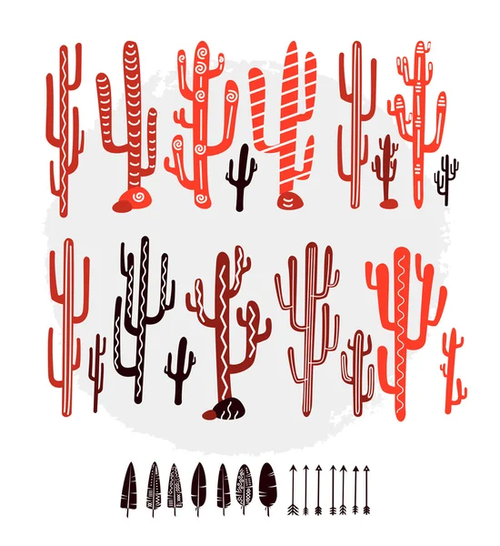 Colección de cactus, plumas y flechas — Vector de stock