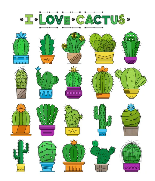 Conjunto de cactus en macetas — Vector de stock