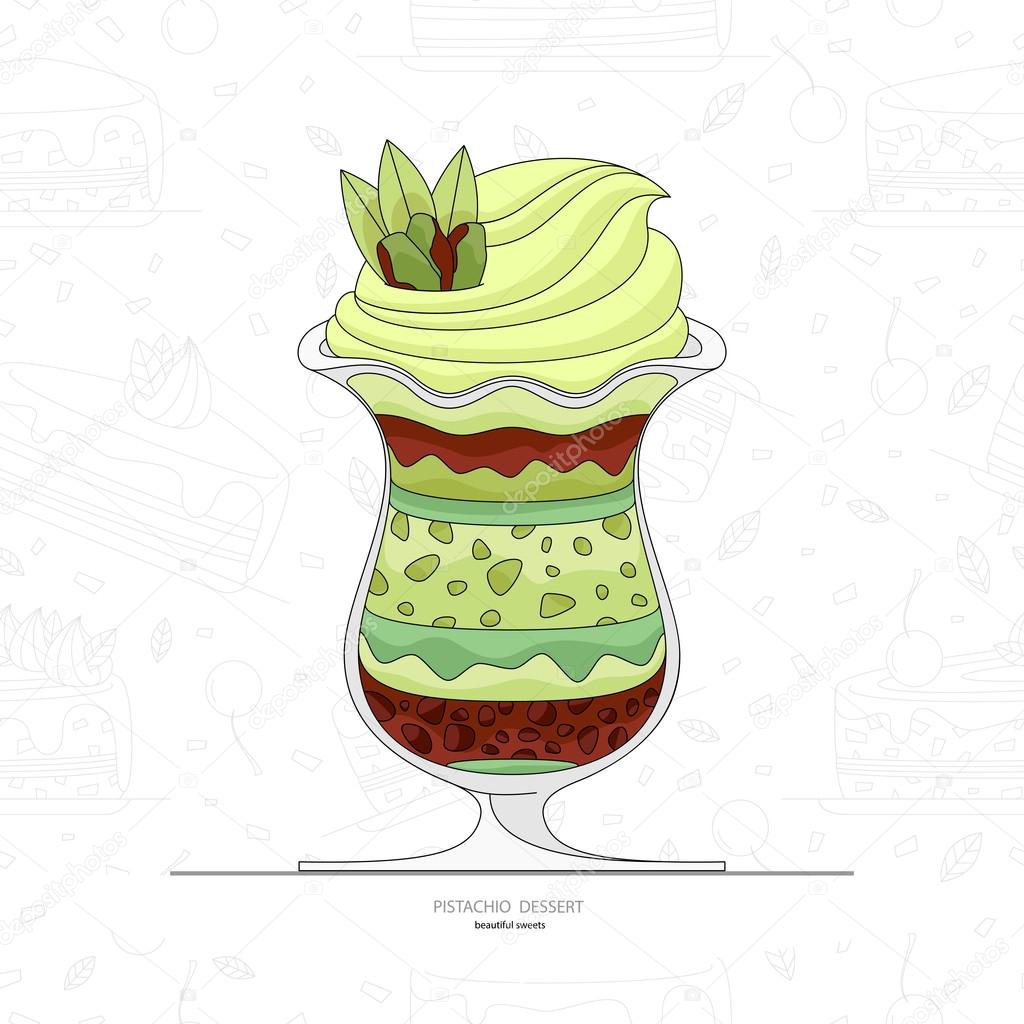 Pistachio dessert. Seamless background of cake pieces. Ice cream with pistachios and whipped cream. Natural yogurt with fresh berries. Flat style