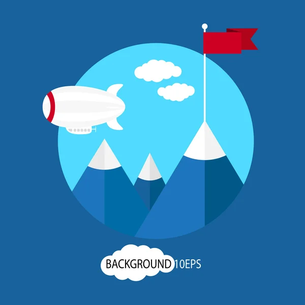 Sommets montagneux avec drapeau rouge et dirigeable — Image vectorielle