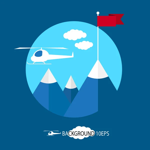 Picos de montanha com bandeira vermelha e helicóptero — Vetor de Stock
