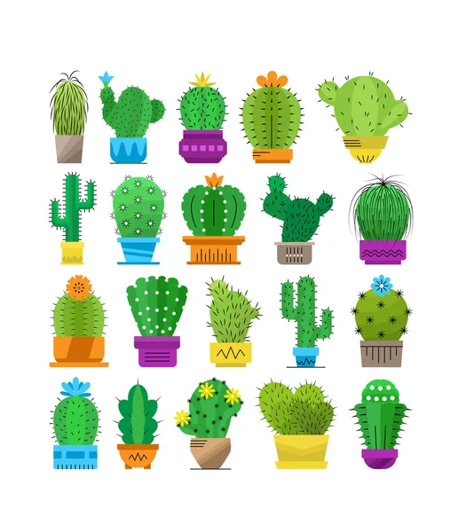 Conjunto de cactus en macetas — Vector de stock