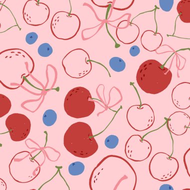 Pembe arka planda pembe kurdeleli ve fiyonklu el yapımı kırmızı kirazlar içeren kusursuz vektör deseni, koquette estetik kırtasiye için mükemmel, yaz moda tekstili ve kız markalaşma için mükemmel..