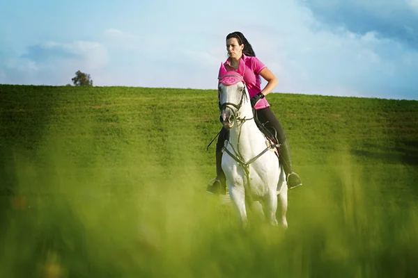 Tineri femeie călărie lipizzaner cal arabian — Fotografie, imagine de stoc