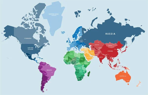 Красочная Векторная Карта Мира Всеми Названиями Стран Столиц — стоковый вектор