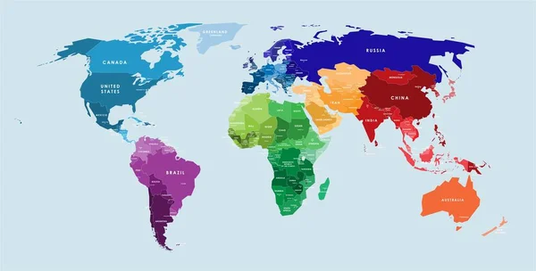 Carte Monde Vectorielle Colorée Avec Tous Les Noms Pays Capitales — Image vectorielle