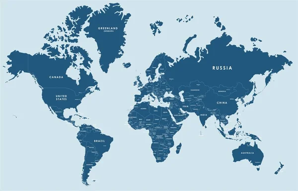 Modrá Mapa Vektorového Světa Kompletní Všemi Zeměmi Hlavními Městy — Stockový vektor