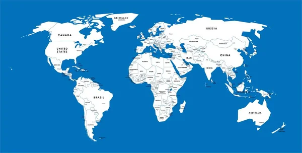 Blauer Vektor Weltkarte Komplett Mit Allen Länder Und Hauptstadtnamen — Stockvektor