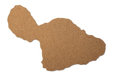 Maui Adası haritası mantar ahşap dokusu beyaz arkaplanda kesilmiş.