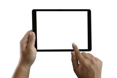 Adam tablet elleri kullanın elleri kapatın çoklu görev tableti boş beyaz ekran dijital tablet bilgisayarı