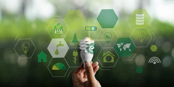 Team Affärs Energianvändning Hållbarhet Element Energikällor Hållbar Ekologi Bioalternativ Man — Stockfoto