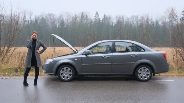 田舎道の魅力的なビジネスマンの女性彼女の壊れた車の助けを取得しようとして — ストック動画