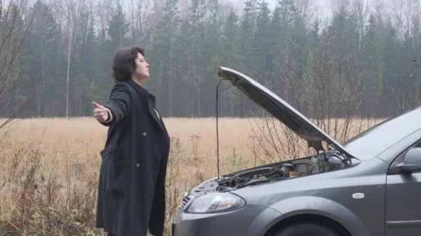 La mujer está junto a la carretera cerca de un coche roto. La mujer está tratando de detener a alguien por ayuda.. — Vídeos de Stock