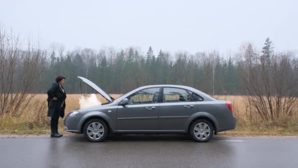 Sorglig kvinna står på vägen vid den trasiga bilen. — Stockvideo