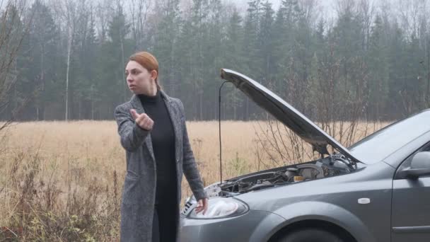 Mujer de negocios de pie en la carretera cerca de coche roto y tratando de coger ayuda en el campo — Vídeos de Stock