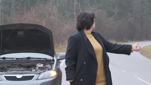 Kvinna i bakgrunden av trasiga bilen i skogen försöker lifta andra bilar. Stressad kvinnlig förare står framför öppen huva. Brytning, problem. — Stockvideo