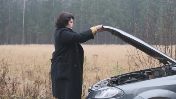 Frau öffnet Motorhaube und schaut auf Motor. — Stockvideo