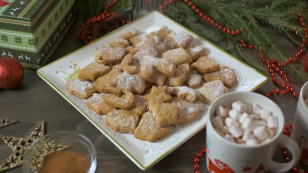 El azúcar en polvo cae en las galletas de Navidad. Fondo dulces de Navidad. Movimiento lento — Vídeos de Stock