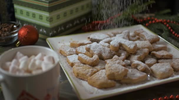 A porcukor ráesik a karácsonyi sütikre, a kakaó mályvacukorral a háttérben. Karácsonyi édesség háttér. Lassú mozgás. — Stock videók