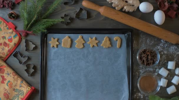 A woman lays out Christmas gingerbread cookies on a baking tray. — Stock Video