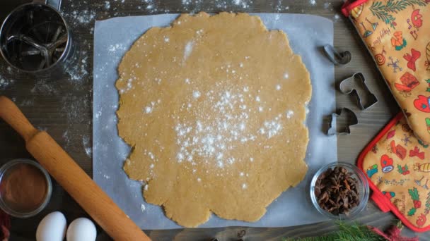 Bovenaanzicht, bloem die valt op traditionele kerstkoekjes. Persoon bereidt peperkoek koekjes voor Kerstmis. Snijstart, rendieren, kerstbomen en peperkoek mannen. — Stockvideo
