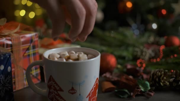En kvinna lägger marshmallows i ett glas kakao. Jul, nyår koncept bakgrund. Vinterlov — Stockvideo