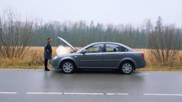 Affärskvinna tittar på break car motor. — Stockvideo
