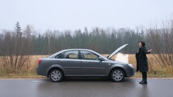 Una donna sta cercando di fermare un'auto di passaggio — Video Stock