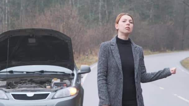 森の中の壊れた車の背景にある女性ヒッチハイクの他の車をしようとする。オープンフードの前に立つストレスの女性ドライバー。ブレークダウン、問題. — ストック動画