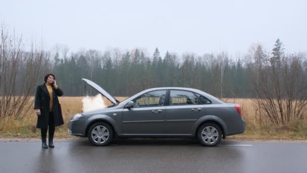 Frau mit kaputtem Auto ruft um Hilfe. — Stockvideo