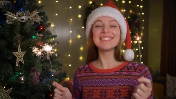 Merry Christmas and Happy new year concept. Beautiful woman smiles and looks into camera, sparkler in her hand. Close-up — Stock Video
