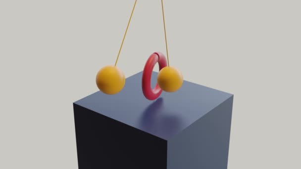 回圈动画钟摆摆动，3D黄色球和旋转轮。重复的节拍简易几何形状计算机生成的无缝运动设计. — 图库视频影像