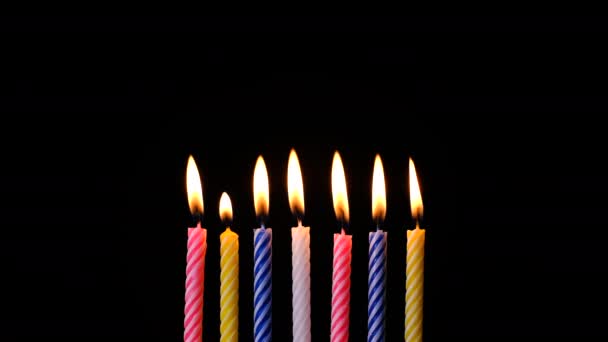 Colección conjunto de velas de cumpleaños sobre fondo negro, concepto de celebración de aniversario, apagando la luz, pidiendo un deseo — Vídeo de stock