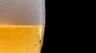 Lager Birası yakın plan. Bira siyah arka planda izole edilmiş. Su damlalı bir bardak bira. Bira köpüğü..