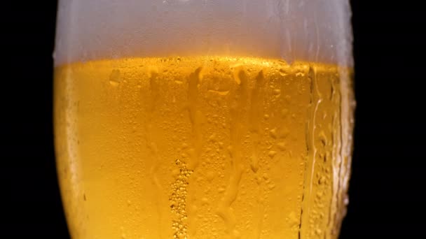 Стакан пива с падающими капельками воды. Холодное пиво в стакане с каплей воды. — стоковое видео