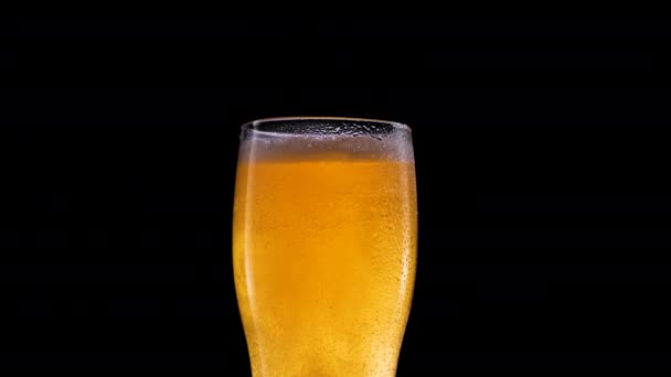 Kall öl isolerad på matt svart bakgrund. Öl med vattendroppar och bubbla — Stockvideo