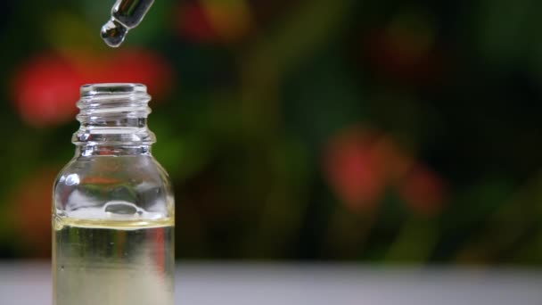 Krople aromatycznych płynów kwiatowych spadające z pipety kosmetycznej do szklanej butelki — Wideo stockowe