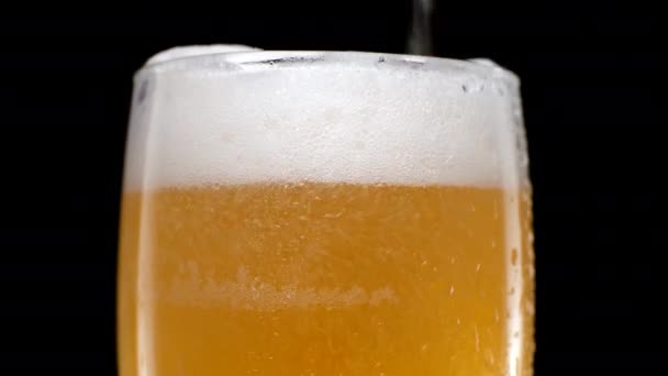 Close up Licht bier giet in glas op zwarte ondergrond — Stockvideo