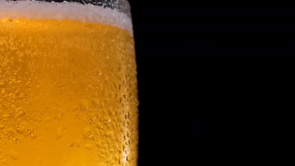 Shot of Beer Bubbles in Glass. Osvěžující a studené pivo v pivní sklenici s kapkami vody. — Stock video