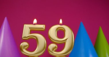 Burning birthday cake candle number 59. Happy Birthday background anniversary celebration concept. Birthday hat in the background