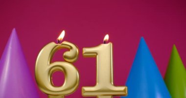 Burning birthday cake candle number 61. Happy Birthday background anniversary celebration concept. Birthday hat in the background