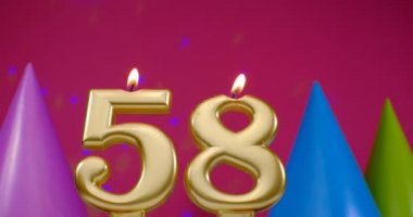 Burning birthday cake candle number 58. Happy Birthday background anniversary celebration concept. Birthday hat in the background